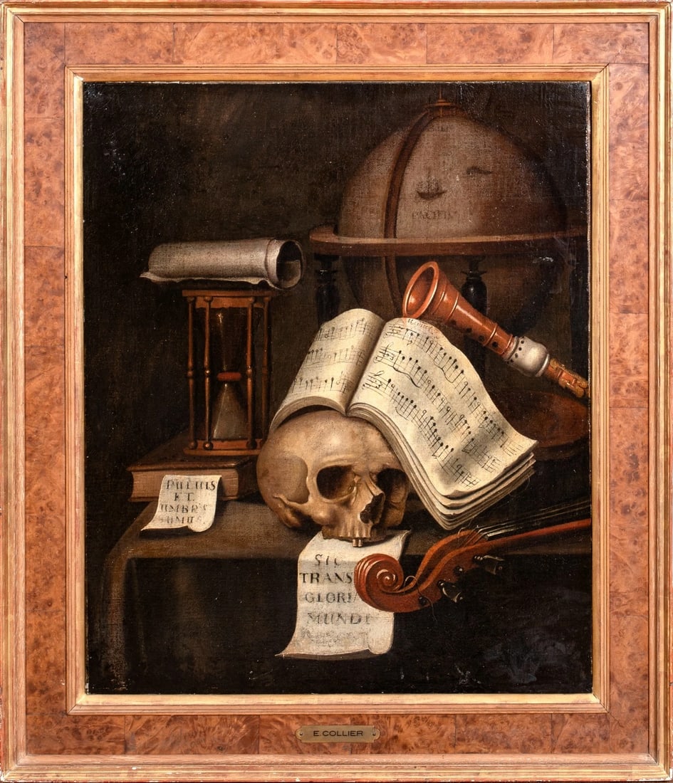 VANITAS STILL LIFE WITH?SKULL, HOURGLASS, GLOBE AND MUSIC OIL PAINTING: Year: 17th century Size: 37'' x 32'' Medium: Oil Description: This large oil painting depicts a skull, hourglass, globe, and musical instruments from the 19th century. Excellent quality and condition 