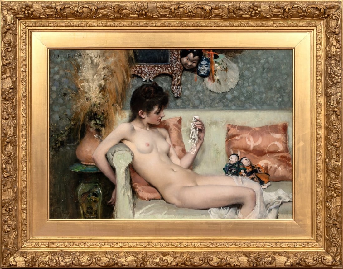 NUDE LADY & SKELETON FIGURINE OIL PAINTING: Year: 19th century Size: 33'' x 26'' Medium: Oil Description: Oliver Ayrton's large oil painting from the 19th century depicts a young, nude woman looking intently at a skeleton doll. Excellent qualit