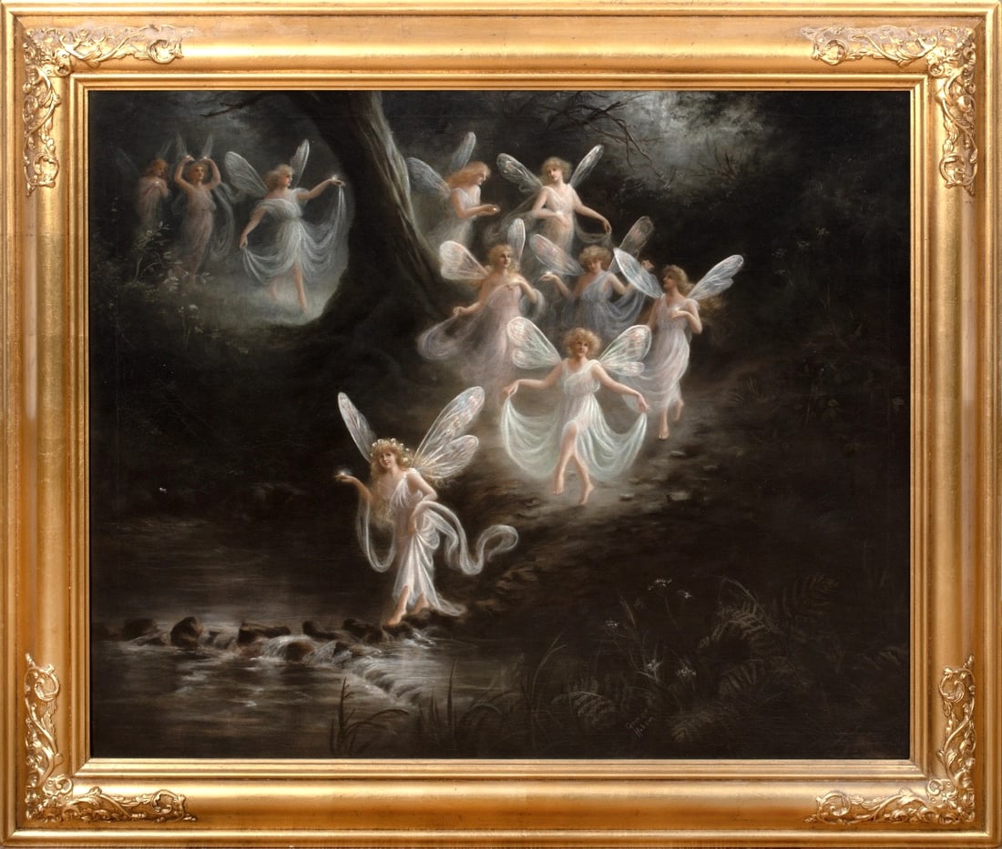 THE ENCHANTED FAIRY GARDEN OIL PAINTING: Year: 19th century Size: 31" x 27" Medium: Oil Description: This large oil painting from the 19th century depicts a parade of fairies at night in an enchanting garden in England. During the Victorian 