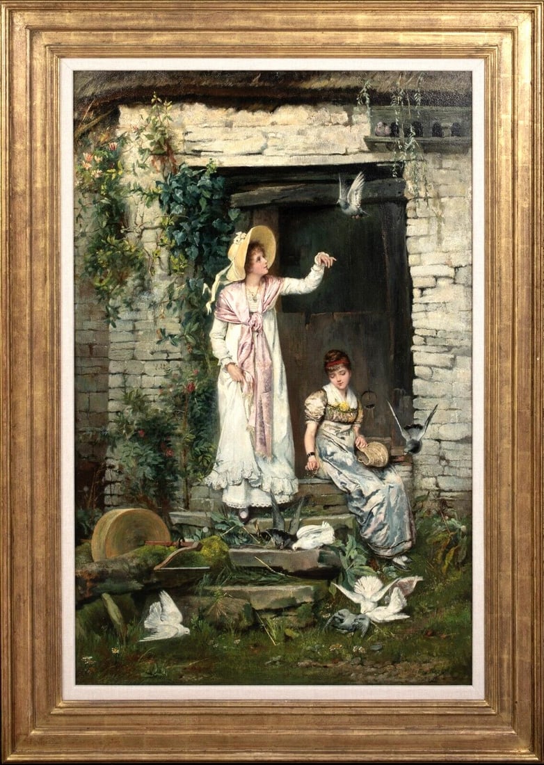 LADIES FEEDING THE BIRDS OIL PAINTING: Year: 19th century Size: 44" x 31.5" Medium: Oil Description: Oil on canvas by Charlotte J. Weeks depicts two women feeding birds in a large 19th-century English landscape. Outside a deserted cottage,