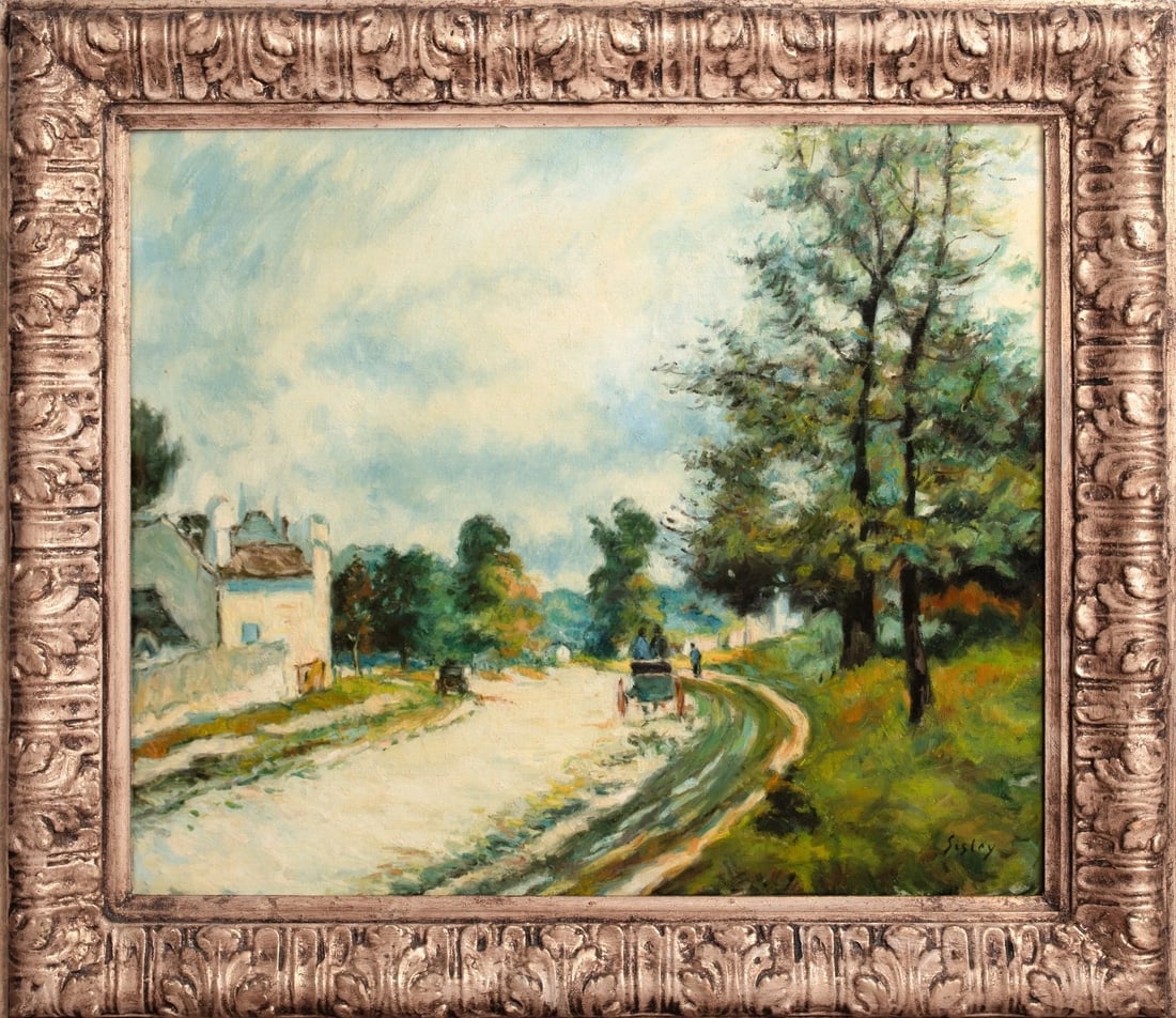 IMPRESSIONIST VILLAGE LANDSCAPE OIL PAINTING: Year: 19th century Size: 32" x 29" Medium: Oil Description: Alfred Sisley's oil on canvas depicts a large Antique French Impressionist landscape. A carriage turning at a bend in the road in the Paris 
