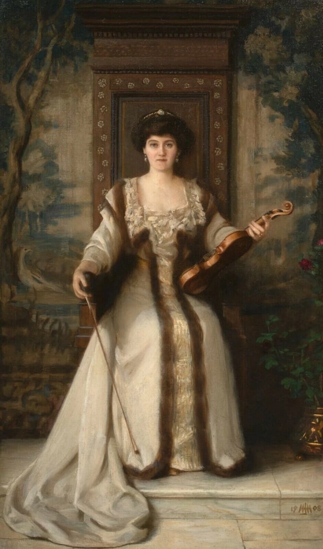 PORTRAIT OF MAUD ERNESTINE OIL PAINTING: Year: 19th century Size: 105cm x 60cm Medium: Oil Description: Henry John Hudson's oil painting from the 19th century depicts Maud Ernestine (Rendel) Gladstone sitting and clutching a violin. An early