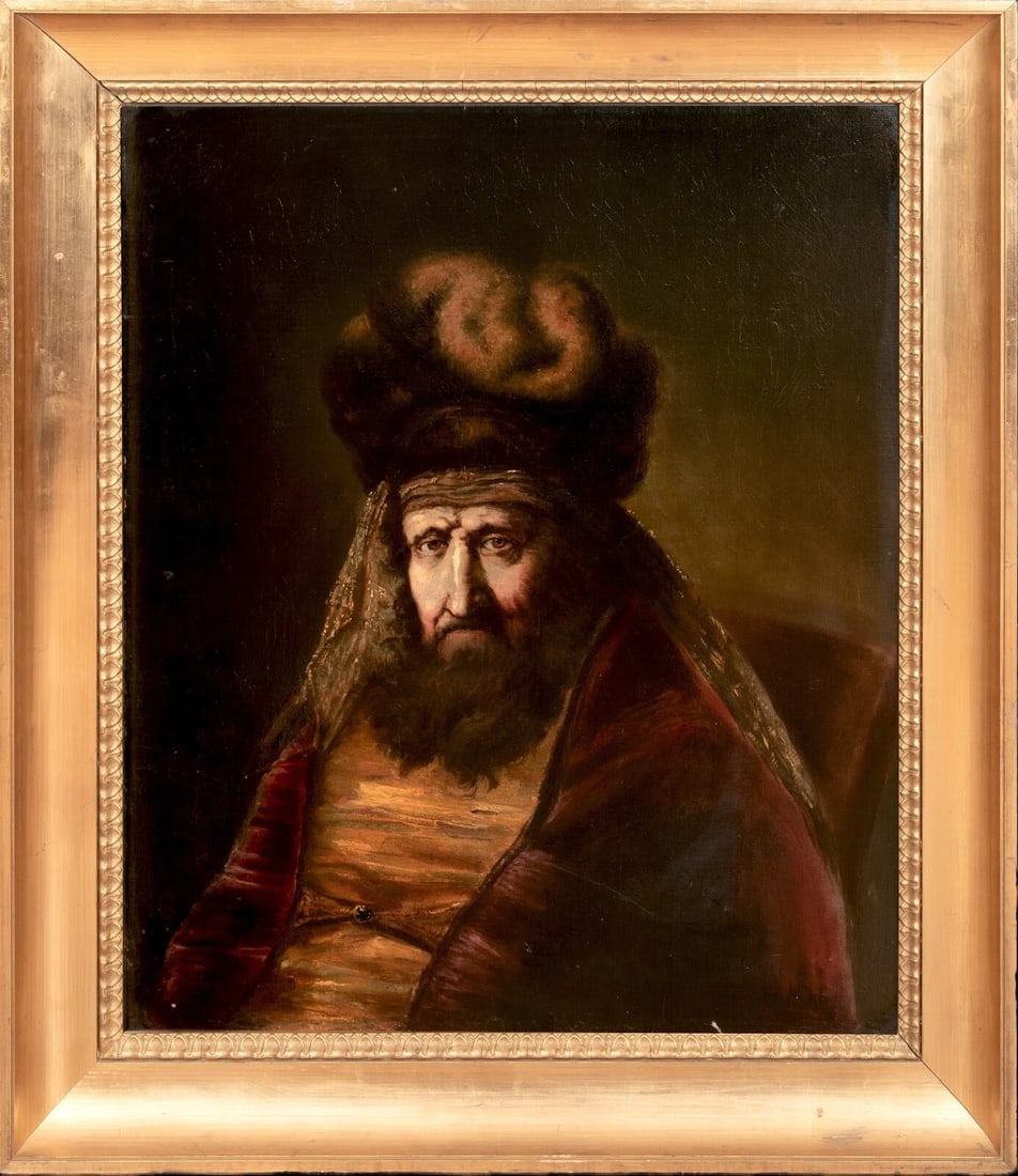 PORTRAIT OF PERSIAN COURT OFFICIAL HAMAN OIL PAINTING\: Year: 17th century Size: 36" x 31" Medium: Oil Description: Large oil painting from the Dutch School in the 17th century that depicts Haman, a Persian court official. The portrait of the evil Persian 