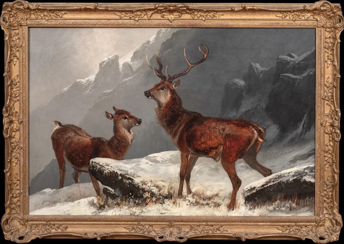 WINTER HIGHLAND STAG & DOE OIL PAINTING (1 of 10)