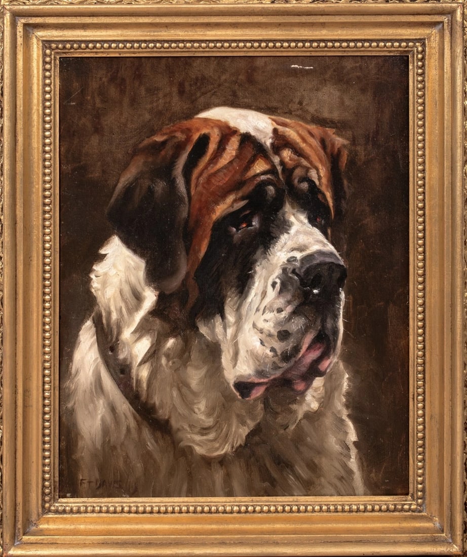 SAINT BERNARD DOG PORTRAIT OIL PAINTING: Year: 20th century Size: 25'' x 21'' Medium: Oil Description: Frederick Thomas Daws created this large oil on canvas portrait study of a Saint Bernard in 1910. A Saint Bernard head profile study of ex