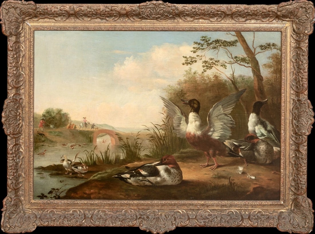 DUCKS ON THE RIVERBANK OIL PAINTING: Year: 17th century Size: 33" x 25" Medium: Oil Description: MARMADUKE CRADOCK'S circle (1660-1717). Large oil painting from the 17th century depicting ducks on a riverbank with a hunt going on in the 
