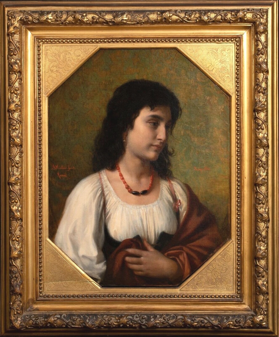 PORTRAIT OF A NEAPOLITAN GIRL LADY PASQUETTA OIL PAINTING: Year: 19th century Size: 32.5" x 27" Medium: Oil Description: Gustav Muller's exquisite oil painting "Pasquetta" depicts a Neapolitan girl in the 19th century. A half-length study of the girl in its o