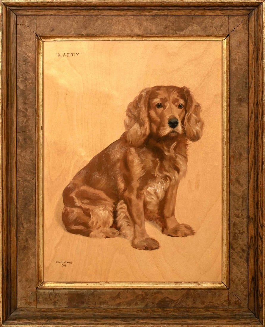 PORTRAIT OF LADY, AN ENGLISH GOLDEN SPANIEL OIL PAINTING: Year: 20th century Size: 24" x 19" Medium: Oil Description: Francis Mabel Hollams created this large oil on panel picture of Lady, an English Golden Spaniel, in 1930. The study is displayed in a wood 
