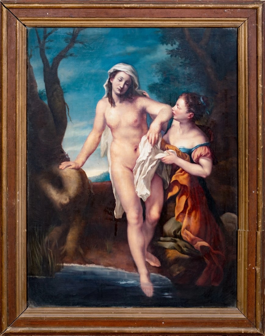 NUDE BATHER & ATTENDANT OIL PAINTING: Year: 18th century Size: 46'' x 36'' Medium: Oil Description: A large oil painting from the French School in the eighteenth century depicts a naked woman bathing with her attendant. This enormous, ful