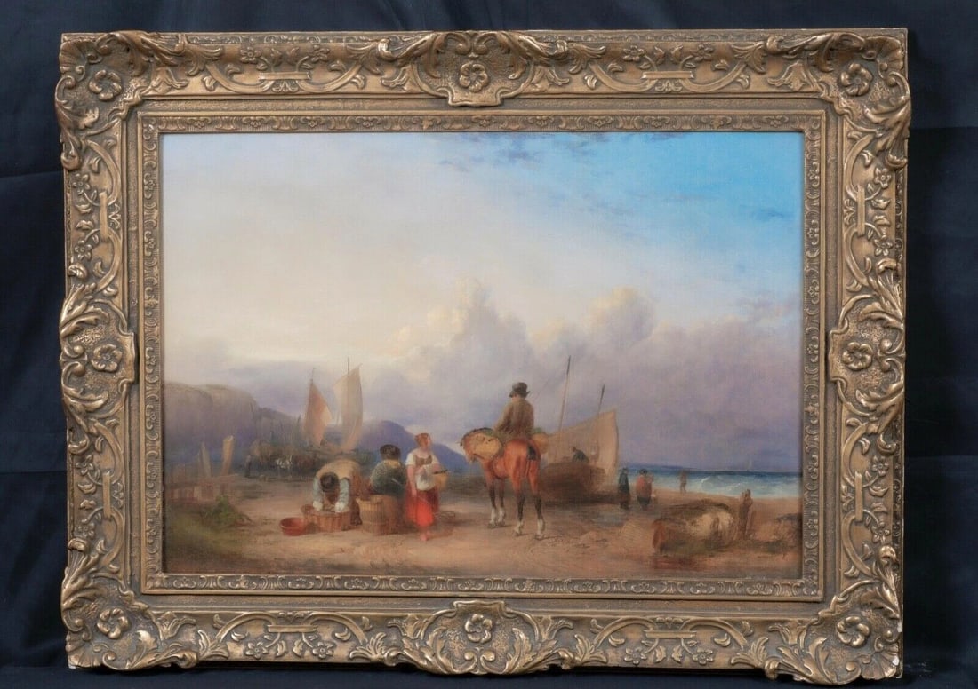 FISHERFOLK ON THE BEACH OIL PAINTING: Year: 19th century Size: 90cm x 70cm Medium: Oil Description: Alright Large oil painting from the 19th century depicting fishermen on a beach and looking out over the coastline of England. Outstanding