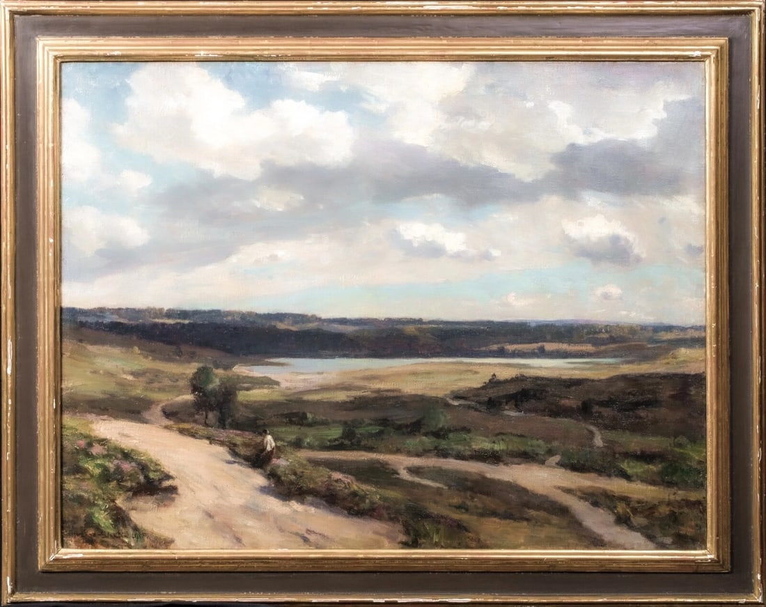 VIEW OF A FIGURE IN AN EXTENSIVE LANDSCAPE OIL PAINTING: Year: 20th century Size: 30" x 23" Medium: Oil Description: Herbert Stanton's large oil painting from 1915 depicts a figire amid a vast scene close to Montreuil, France. Large, expansive view that is 