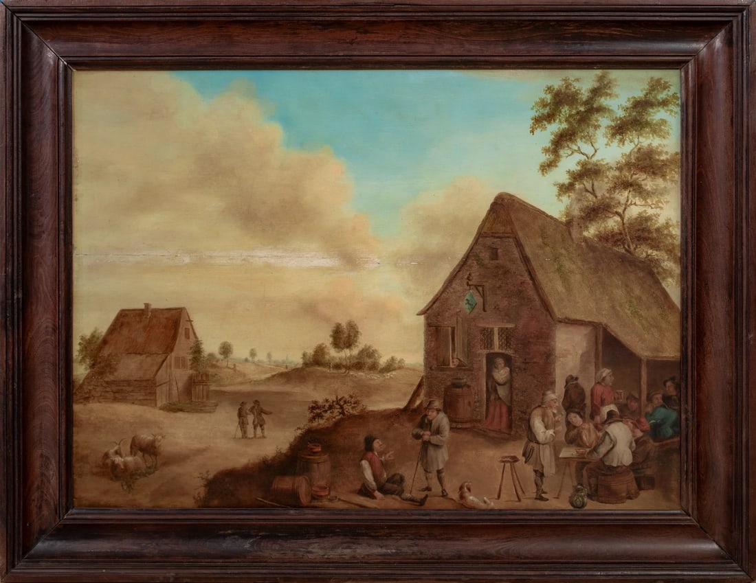 THE VILLAGE TAVERN OIL PAINTING: Year: 17th century Size: 34'' x 26'' Medium: Oil Description: This oil painting depicts a large Dutch village bar scene from the 17th century, with peasants having a good time. Excellent quality and c