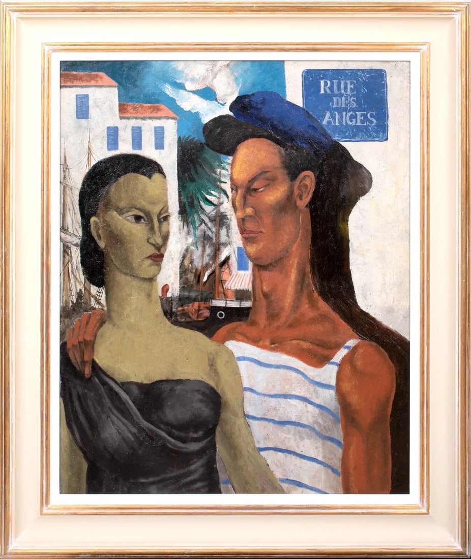 PORTRAIT OF TWO FRENCH LOVERS AT RUE DE ANGES OIL PAINTING: Year: 20th century Size: 38" x 32.5" Medium: Oil Description: Large oil painting of two French lovers at Rue De Anges, Villeneuve-Loubet, circa 1920. Excellent quality and condition painting of a sail