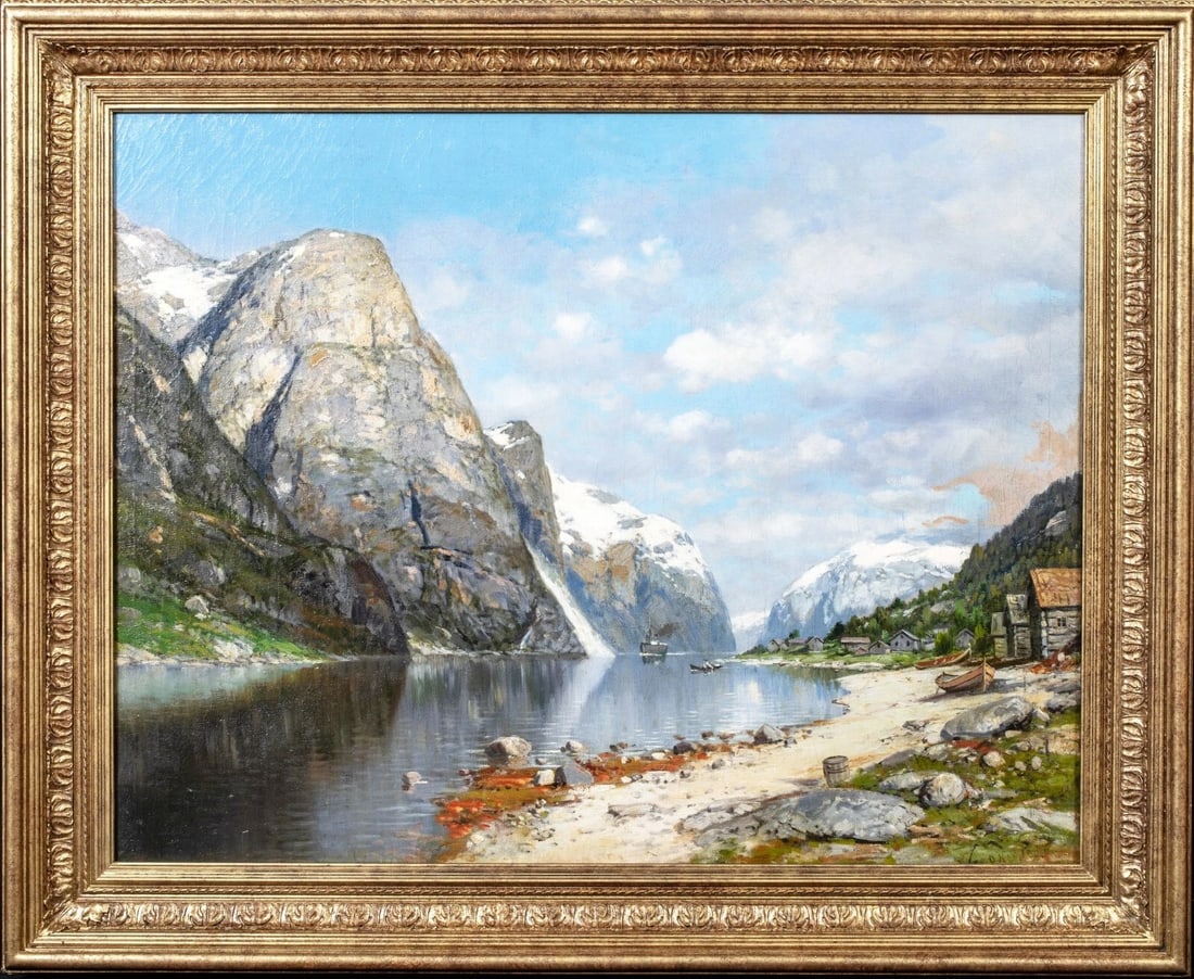 NORWEGIAN FJORD LANDSCAPE OIL PAINTING ATTRIBUTED TO ADELSTEEN NORMANN: Year: 19th century Size: 47" x 38" Medium: Oil Description: Adelsteen Normann is credited with this large oil on canvas, signed indistinguishably, with a 19th-century European School picture of a Norw
