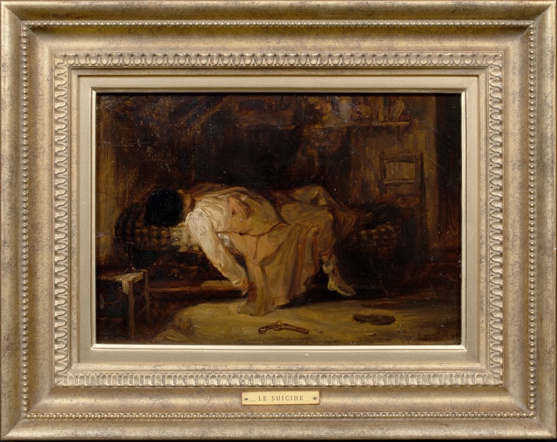 "LE SUICIDE" OIL PAINTING: Year: 19th century Size: 15" x 12" Medium: Oil Description: Interior view of a suicide by an artist from a 19th-century European school; oil on panel. An artist's corpse is depicted in this exquisitel