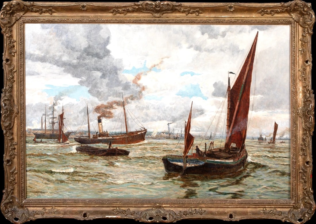 SHIPPING OFF SOUTHAMPTON PORT OIL PAINTING: Year: 19th century Size: 41" x 30" Medium: Oil Description: William Lionel Wylie's oil painting depicting a bustling port in Southampton in the 19th century. A superb example of the artist's work and 