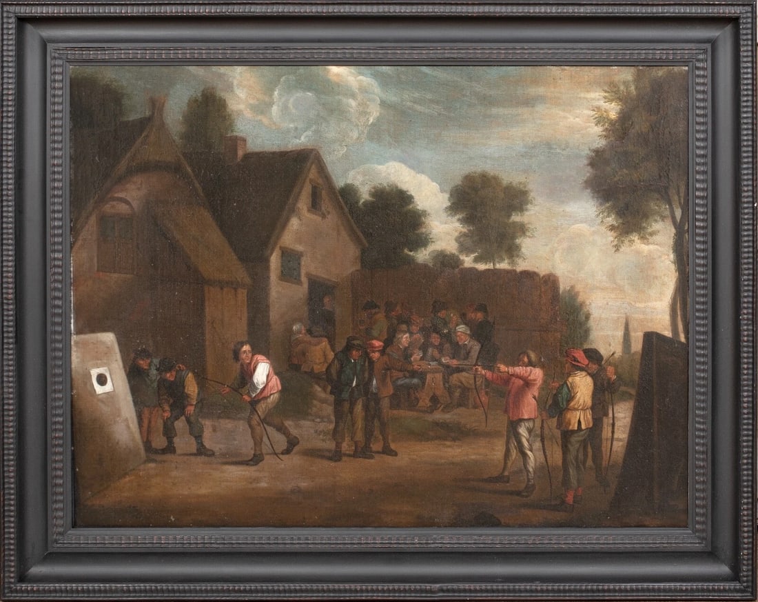 VILLAGE PEASANTS ARCHERY TOURNAMENT OIL PAINTING: Year: 17th century Size: 39" x 31" Medium: Oil Description: Large oil painting of a Dutch rural peasant archery competition from the 17th century. Peasants competing in an archery competition outside 