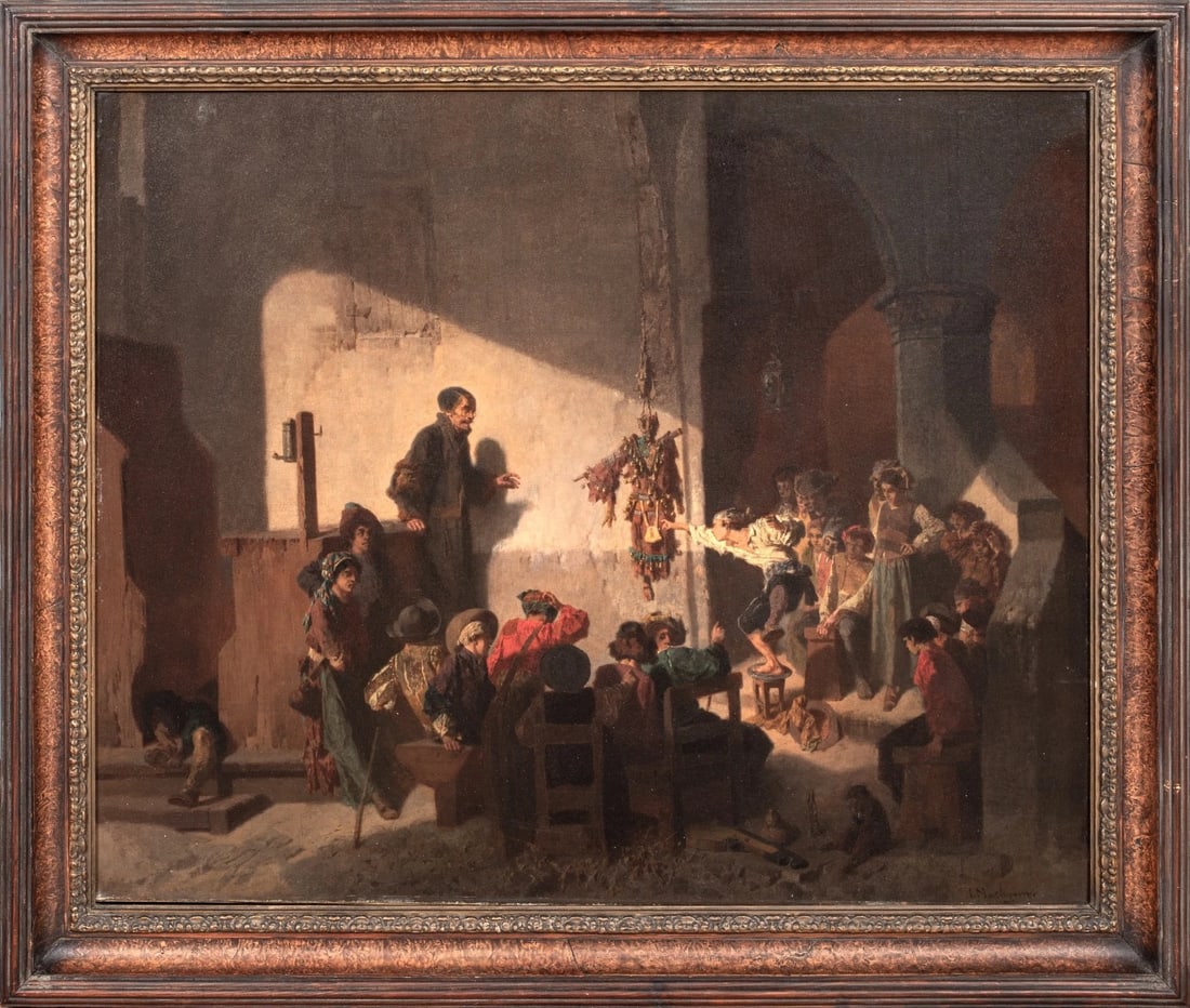 SCHOOL INTERIOR SCENE OIL PAINTING: Year: 19th century Size: 36" x 31" Medium: Oil Description: Signed J Mathysen Large oil painting on canvas depicting a peasant youngster in an Italian classroom in the 19th century. Children learning 