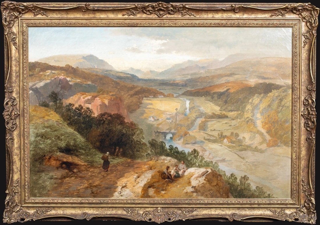 VIEW OF THE VALE OF NEATH, WALES OIL PAINTING: Year: 19th century Size: 38.5" x 27" Medium: Oil Description: James Baker Pyne's large oil painting from the 19th century depicting the Vale of Neath in Wales. Figures reclining on the rocky borders i