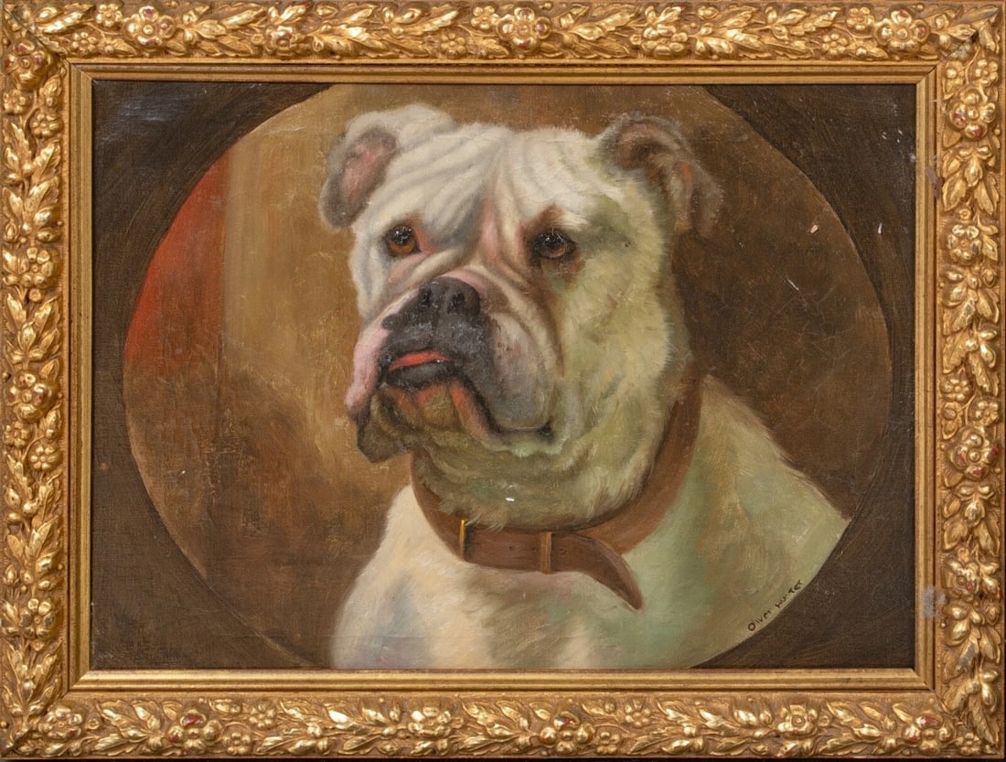 PORTRAIT OF "CAESAR" AND ENGLISH BULLDOG OIL PAINTING: Year: 19th century Size: 16" x 13" Medium: Oil Description: Large oil on canvas portrait of an English Bulldog named "Caesar" by Oliver Hunter from the 19th century. Early artwork featuring the breed 