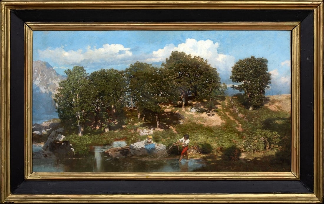 BRINGING IN THE NETS AT LAKE LUCERNE OIL PAINTING: Year: 19th century Size: 33" x 22" Medium: Oil Description: Large oil painting from the 19th century depicting figures hauling in nets at Lake Lucerne in Switzerland. View of the two individuals hauli