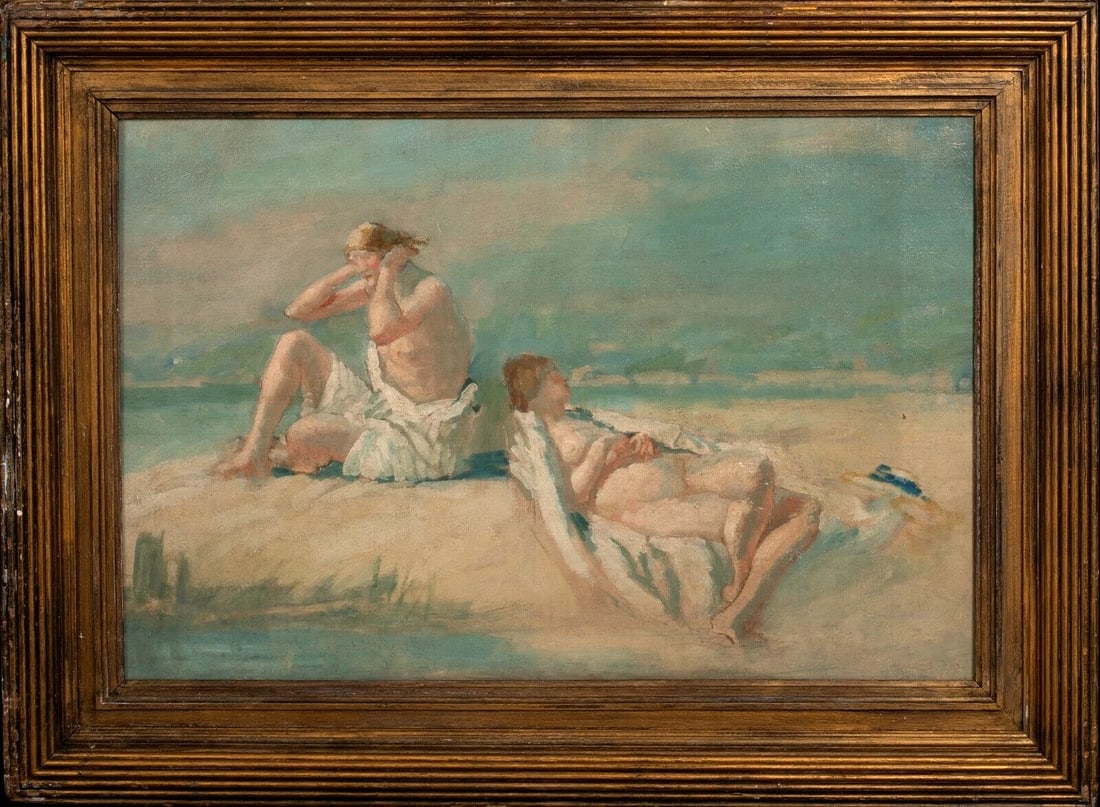 NUDES SUNBATHING ON A BEACH OIL PAINTING: Year: 19th century Size: 30" x 22.5" Medium: Oil Description: An enormous oil painting from the 19th century depicting a naked beach scene in England. outstanding caliber and state from around 1900 Tw