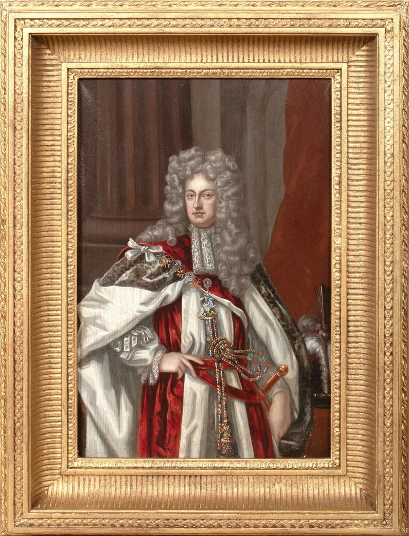 PORTRAIT OF PRINCE GEORGE OF DENMARK OIL PAINTING: Year: 17th century Size: 20" x 15" Medium: Oil Description: Oil on panel portrait of Prince George of Denmark, Duke of Cumberland, from Sir Godfrey Kneller's studio, 17th century. A three-quarter-leng
