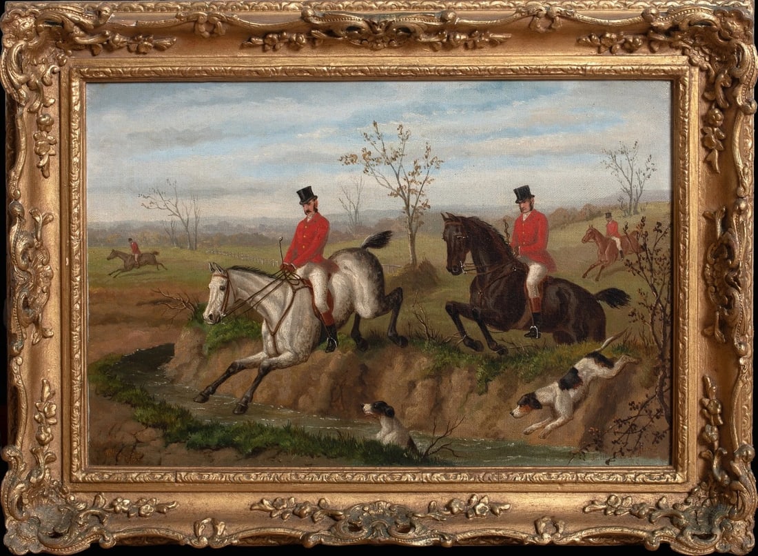 FOX HUNTING SCENE OIL PAINTING: Year: 19th century Size: 22" x 17" Medium: Oil Description: John Frederick Herring Junior's oil painting depicting a large English fox hunting scene from the 19th century. This hunting scene, which ha