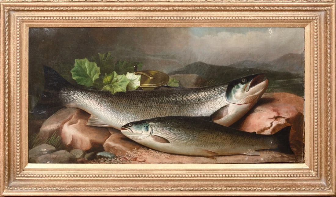 SALMON ON THE RIVERBANK OIL PAINTING: Year: 19th century Size: 36" x 21" Medium: Oil Description: John Bicknell Russell's large oil painting from the 19th century depicts salmon on a riverbed. A large illustration of a pair of salmon on r
