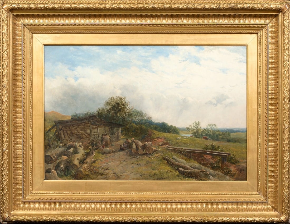 THE LOGGERS REST OIL PAINTING: Year: 19th century Size: 38" x 29" Medium: Oil Description: Beautiful huge oil painting by John James Hill from the 19th century depicting a logging team relaxing in a rural English area. Long summert