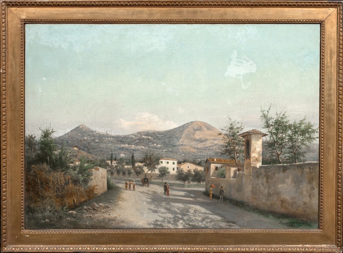 VIEW OF SAN NICOLO, SARDINIA OIL PAINTING: Year: 19th century Size: 90cm x 65cm Medium: Oil Description: Beautiful huge oil on canvas painting by Lusignano De Cuppis from the 19th century depicting San Nicole, Sardinia. Early photograph by De 
