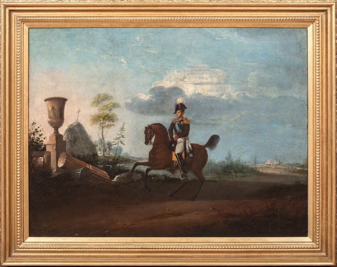 PORTRAIT OF EMPEROR NICHOLAS I OF RUSSIA OIL PAINTING: Year: 19th century Size: 38" x 30" Medium: Oil Description: Large oil painting from the 19th century depicting Nicholas I, Emperor of Russia, riding a horse. In reference to Nicholas I as the savior o
