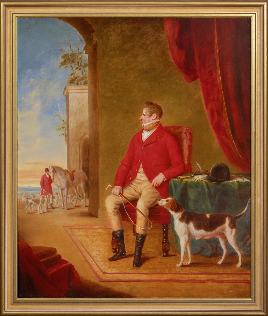 PORTRAIT OF A GENTLEMAN WITH HIS FAVOURITE?HOUND OIL PAINTING: Year: 19th century Size: 50.5'' x 40.5'' Medium: Oil Description: A large oil painting from the 19th century depicts a man hunting with his favorite dog. The full-length portrait of the man in a drape