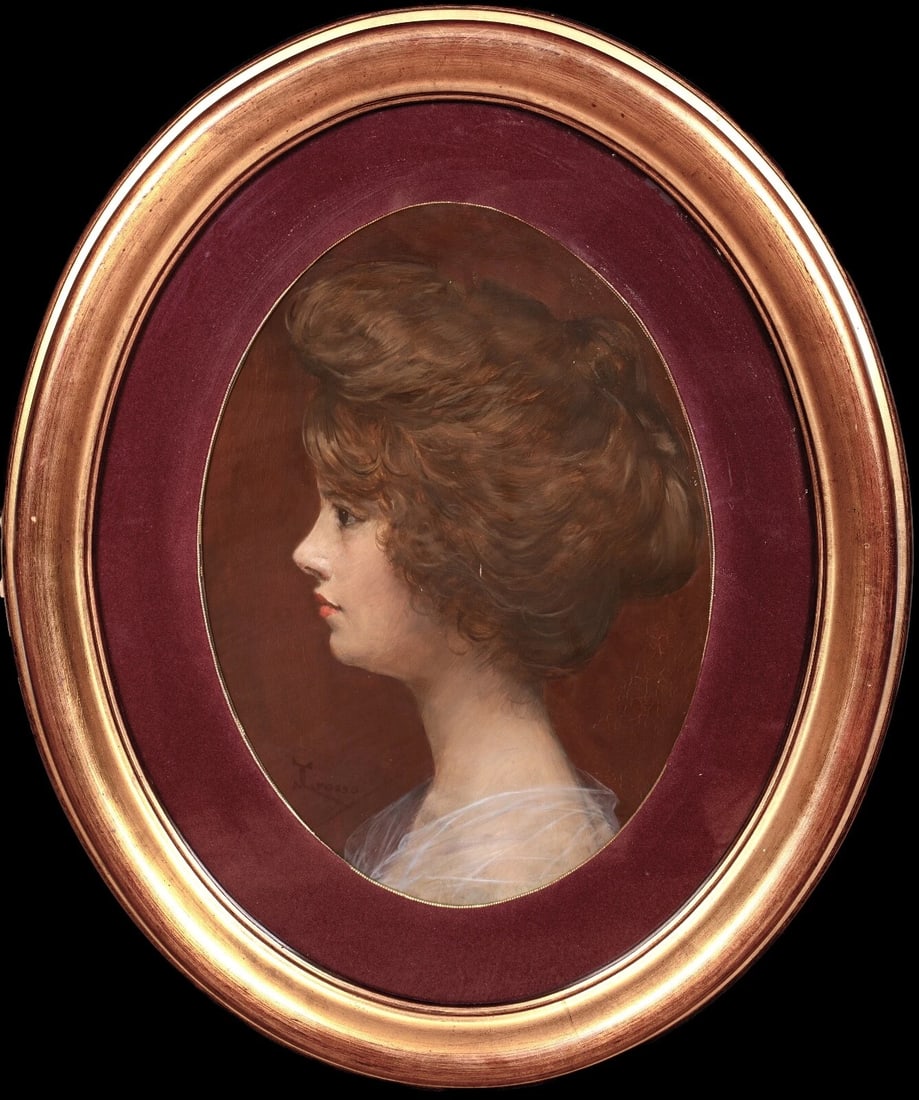 PORTRAIT OF A NOBLE WOMAN OIL PAINTING: Year: 19th century Size: 24" x 19" Medium: Oil Description: Giacomo Grosso's large oil portrait of a young, aristocratic woman from the 19th century. Excellent condition and quality of the young, aris