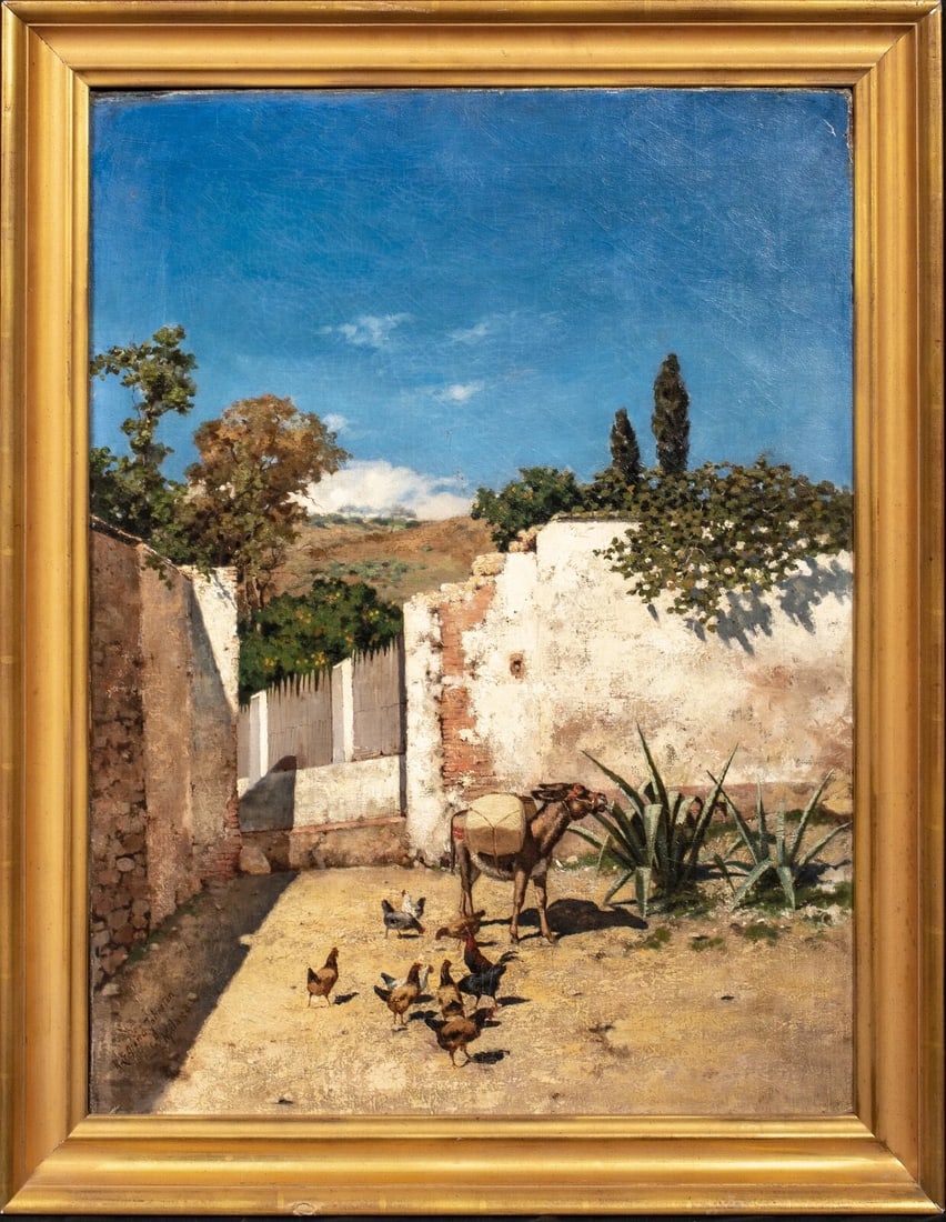 MALAGA STREET SCENE OIL PAINTING: Year: 19th century Size: 36" x 29" Medium: Oil Description: Large oil painting from the 19th century depicting a donkey in a courtyard in Malaga. Excellent and well-maintained description of the stree