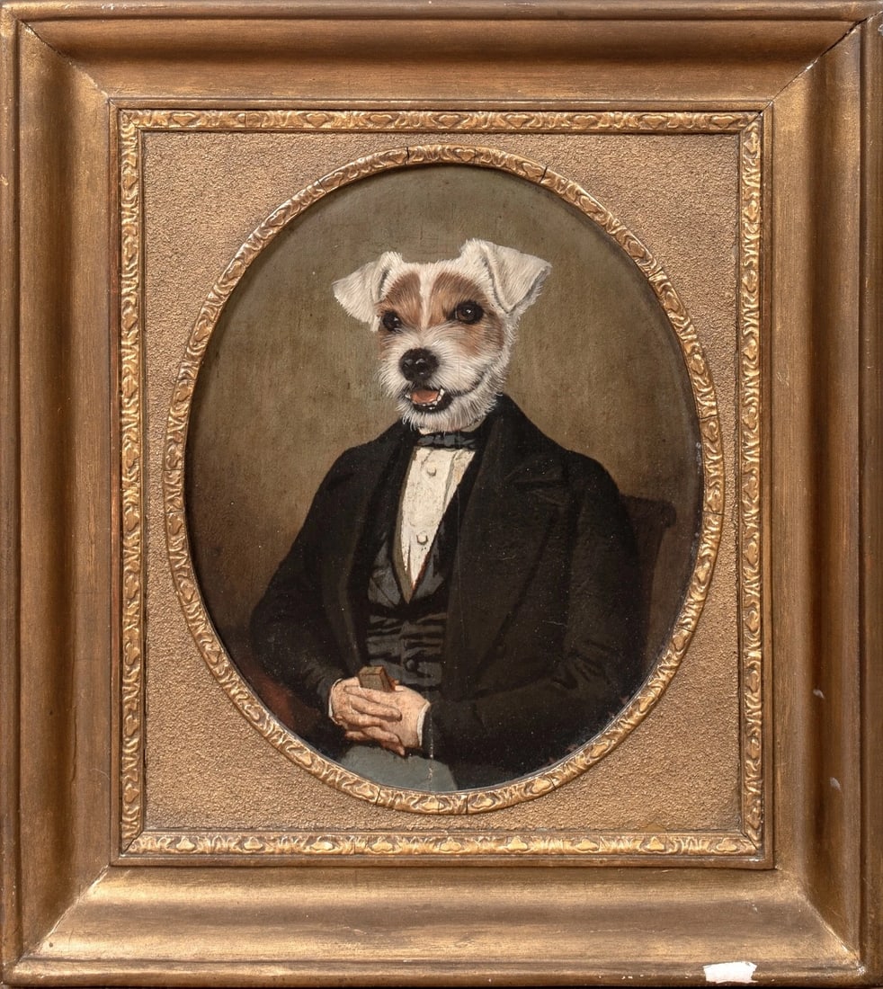 PORTRAIT OF A VICTORIAN GENTLEMAN WITH THE HEAD OF A JACK RUSSELL TERRIER OIL PAINTING (1 of 10)
