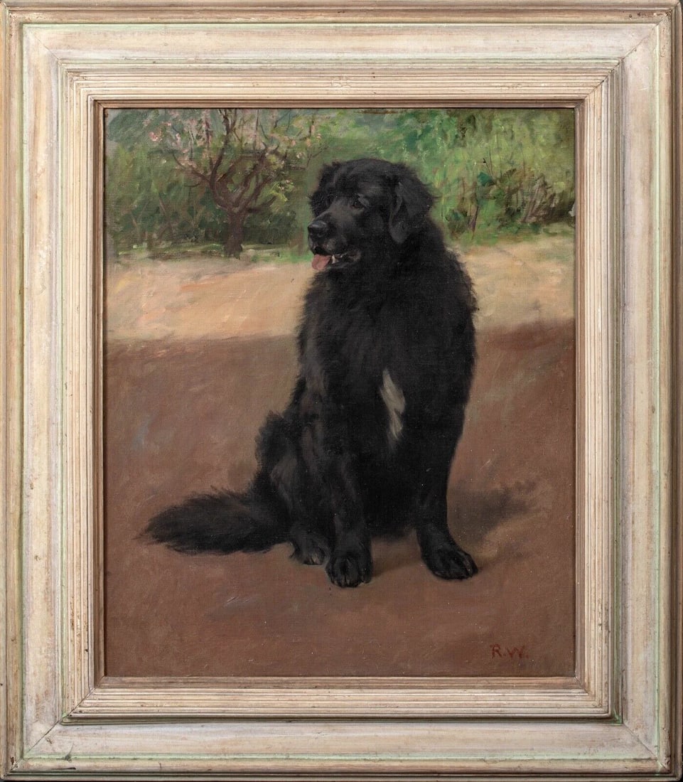 PORTRAIT OF A SCOTTISH BLACK RETRIEVER OIL PAINTING: Year: 19th century Size: 33" x 29" Medium: Oil Description: Robert Watson's large oil painting from the 19th century depicts a Scottish Black Retriever. A significant early representation of the breed
