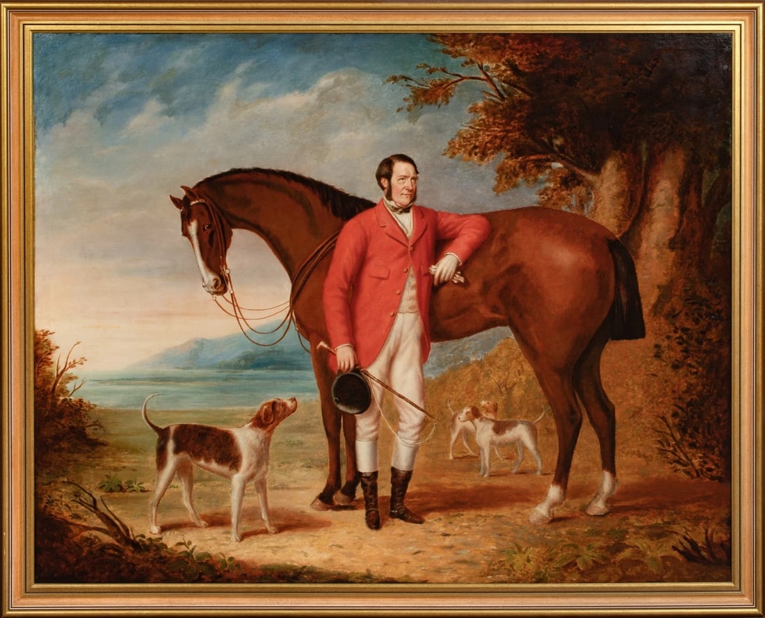PORTRAIT OF A GENTLEMAN IN FOX HUNTING ATTIRE WITH HORSE & HOUNDS OIL PAINTING: Year: 19th century Size: 50.5'' x 40.5'' Medium: Oil Description: Large English from the 19th century An oil painting depicts a gentleman hunting with his horse and hounds. This full-length portrait o
