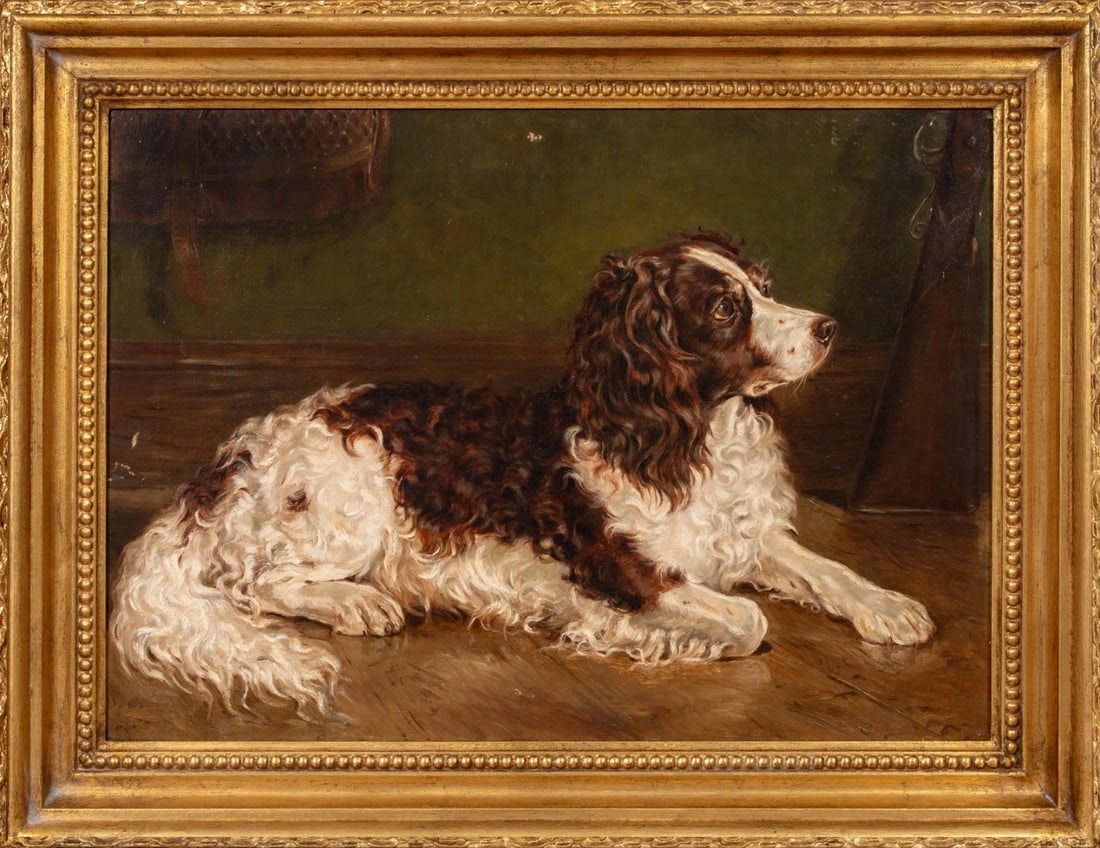 SPRINGER SPANIEL DOG PORTRAIT OIL PAINTING ATTRIBUTED TO WALTER HARROWING: Year: 19th century Size: 27'' x 21'' Medium: Oil Description: Walter Harrowing is credited with creating this large oil on canvas side profile portrait of a Liver and White English Springer Spaniel fr