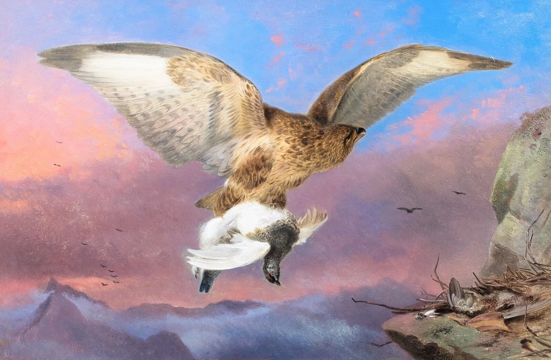 A BUZZARD WITH A PTARMIGAN OIL PAINTING: Year: 19th century Size: 60cm x 40cm Medium: Oil Description: Richard Ansdell, oil on canvas, fine 19th-century study of a buzzard with a ptarmigan. An outstanding specimen of an ornithological painti