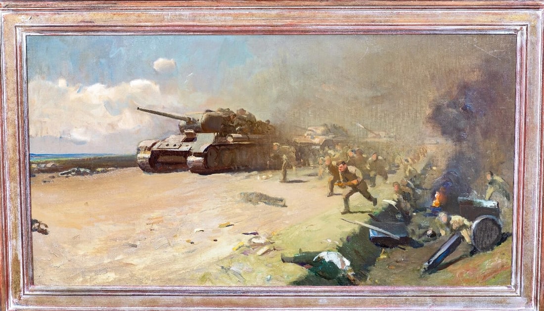 WWII RUSSIAN T-34 TANKS & INFANTRY OIL PAINTING: Year: 20th century Size: 125cm x 75cm Medium: Oil Description: Oil on canvas, this fine, huge, early 20th-century Russian School WW2 scenario is thought to depict the Battle of Kursk with T-34 tanks a