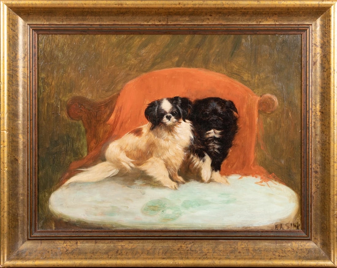 PORTRAIT OF A PAIR OF PEKINGESE DOGS JIP & RANDOLF OIL PAINTING: Year: 19th century Size: 20" x 16" Medium: Oil Description: Pekingese dogs "Jip & Randolf" are depicted in this oil painting from the English School of the 19th century. The dogs painted at the beginn