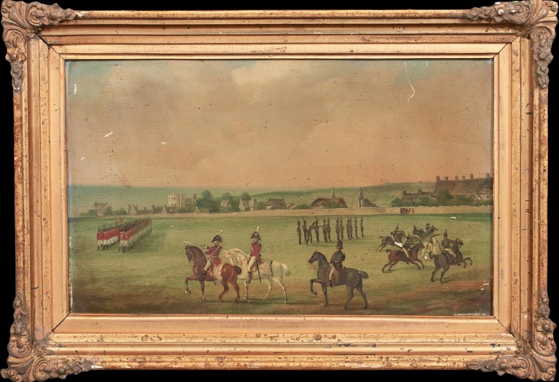 GOVERNOR JOHN PENN INSPECTING THE LEGION OIL PAINTING: Year: 19th century Size: 18" x 13" Medium: Oil Description: 1805 This image shows Governor John Penn examining the Portland Legion soldiers on the Dorset island of Portland. An early, significant hist