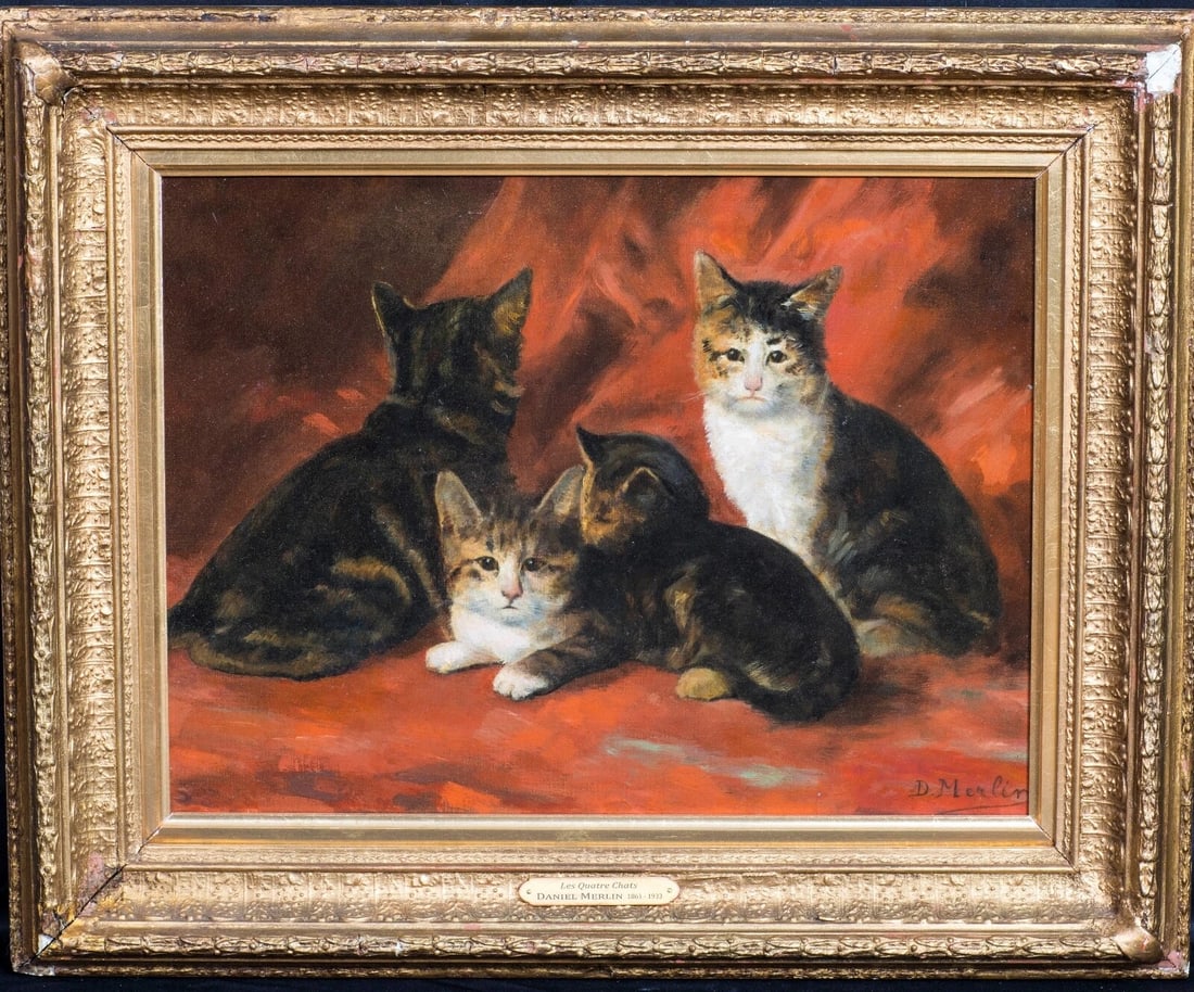 PORTRAIT OF A FAMILY OF KITTENS CATS OIL PAINTING (1 of 11)