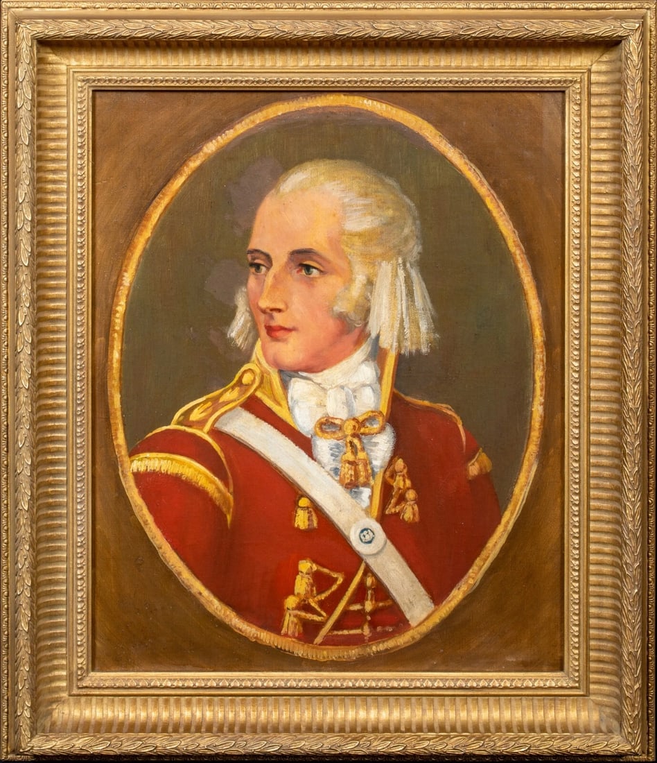 PORTRAIT OF BRITISH MILITARY OFFICER OIL PAINTING: Year: 19th century Size: 26" x 21.5" Medium: Oil Description: A large oil painting from the 19th century depicting a British military officer during the Napoleonic Wars. It is in good shape and is fra
