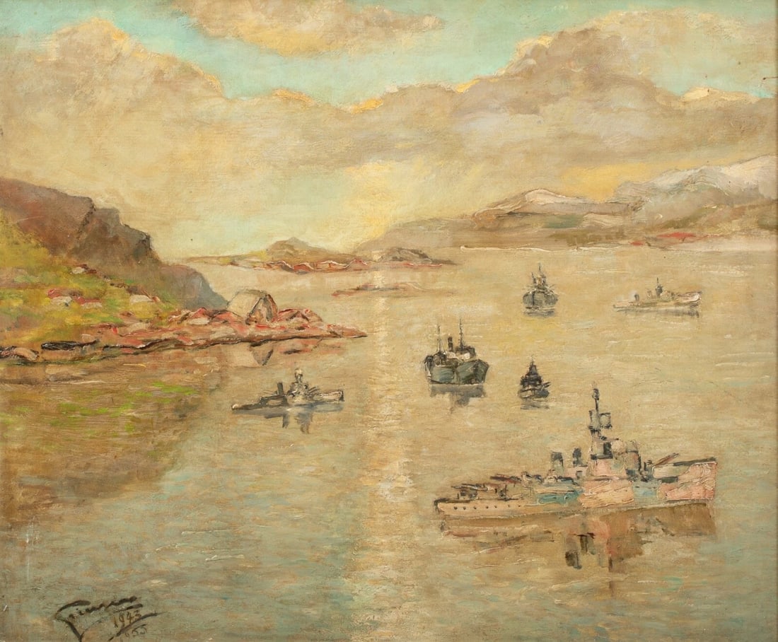 ASSEMBLING CONVOY P.Q HVAL FIORD OIL PAINTING: Year: 20th century Size: 65cm x 55cm Medium: Oil Description: Excellent 1943 oil painting by Stanley Grimm (1891?1966) depicting the Assembling Convoy P.Q. Hval Fiord in Iceland during World War II. G