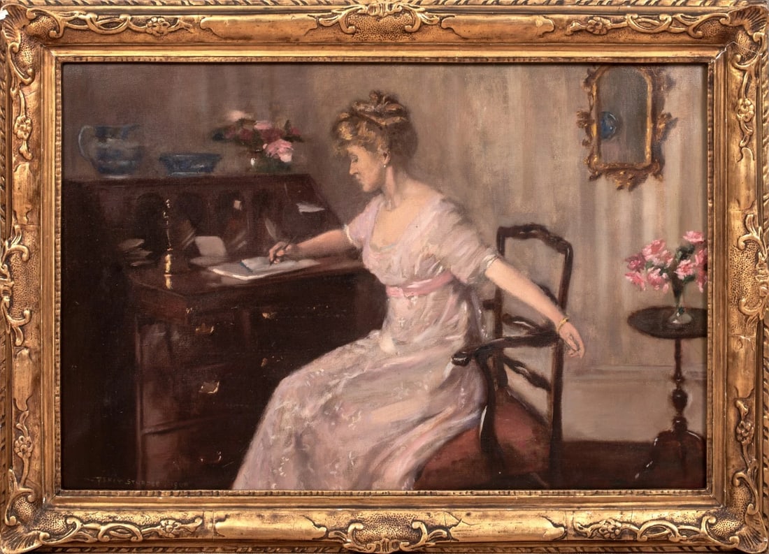 PORTRAIT OF AN ELEGANT LADY OIL PAINTING: Year: 19th century Size: 35" x 25" Medium: Oil Description: Beautiful huge oil on canvas painting of a woman at her writing desk from the 19th century by Percy Sturdee. Outstanding example of the arti