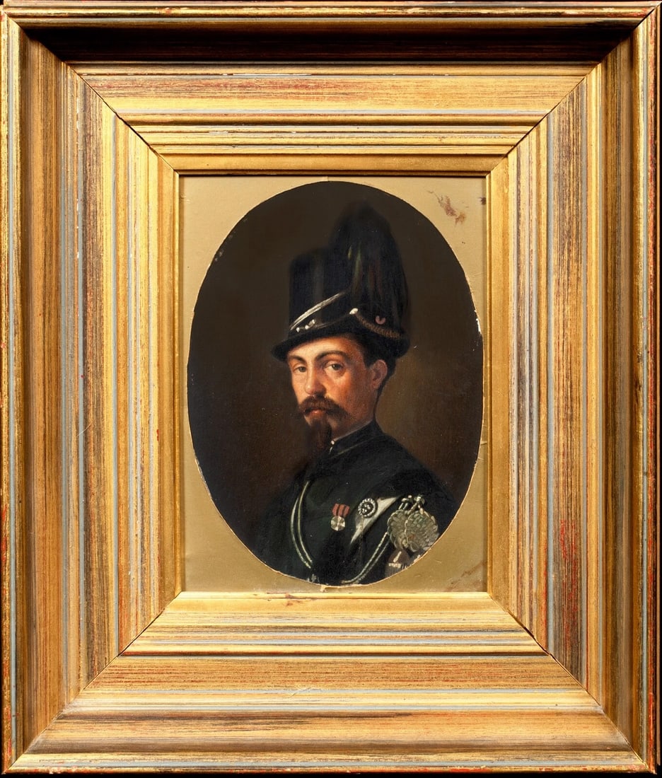PORTRAIT OF OFFICER LONDON RIFLE BRIGADE OIL PAINTING: Year: 19th century Size: 14" x 12" Medium: Oil Description: Oil on panel, 19th-century British military portrait of a London Rifles Brigade officer. This uncommon early illustration of the officer fro