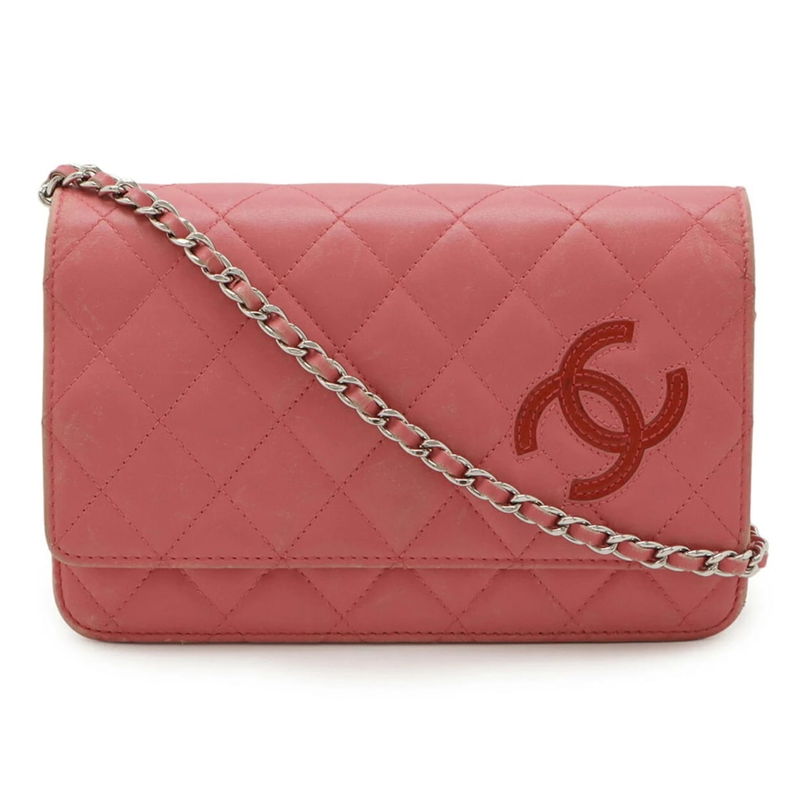 CHANEL SIMPLY CC MATELASSE COCO MARK CHAIN WALLET: CHANEL Simply CC Matelasse Coco Mark Chain Wallet Brand: Chanel Type/Style: Chain/Shoulder wallet Material: Leather Color: Pink, Pink red, Red color Size: (HxWxD) 12.5cm x 19cm x 4cm / 4.92inch x