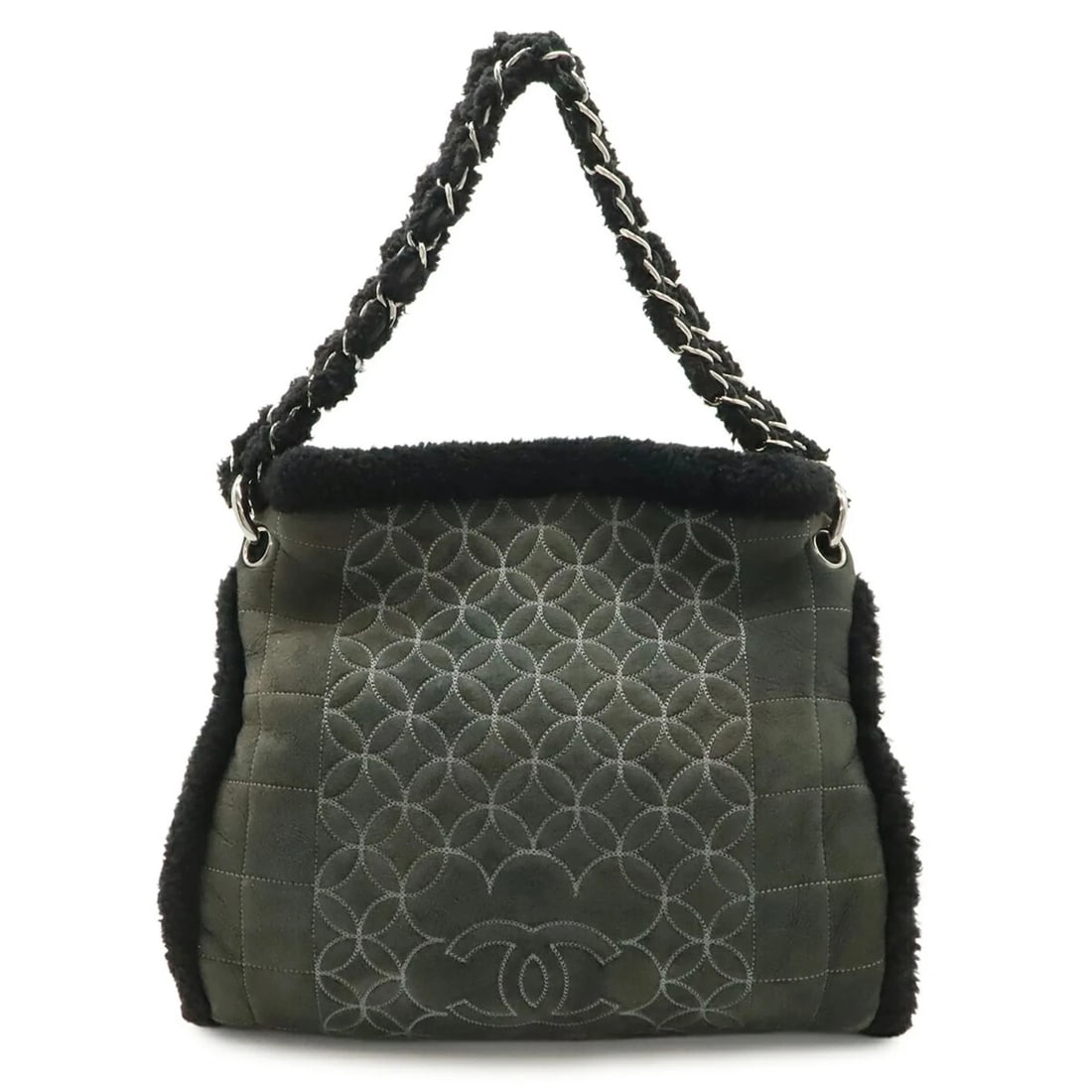 CHANEL COCO MARK SHEARLING CHAIN SHOULDER BAG: Chanel Coco Mark Shearling Chain Shoulder Bag Brand: Chanel Type/Style: Shoulder bag Material: Leather Color: Black, Gray Size: (HxWxD) 30cm x 33cm x 9.5cm / 11.81inch x 12.99inch x 3.74inch Acces